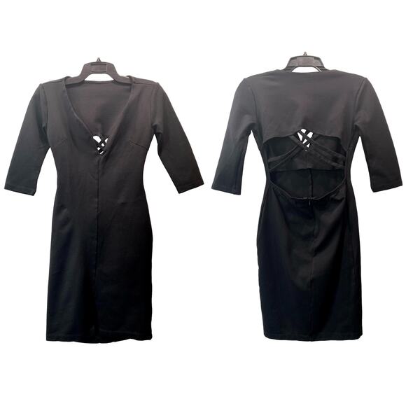 80s Black Cut Out Spandex Dress | Low Cut Tight Fit Classic | M - Picture 8 of 8